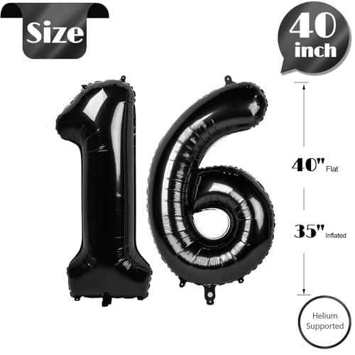 Image of Black Number 16 Balloon 40 Inch, 16th Birthday Party Decorations, Giant 16 Foil Balloon for Party Supplies