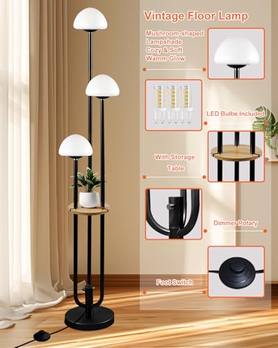 Image of Black Dimmable Floor Lamp with Table, Modern Floor Lamps with Mushroom Shades for Living Room, 3000K Warm White Tall Standing Lamp with Bulbs& 5Lbs Heavy Base for Bedroom /Office