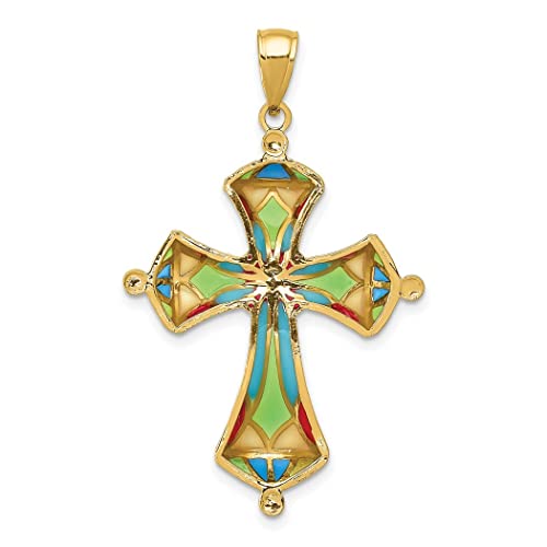 14K Yellow Gold Polished Open Back Translucent Glitter Enamel Multi Color Acrylic Religious Faith Cross Pendant Necklace Measures 40X25Mm Wide Jewelry Gifts For Women #TOP3