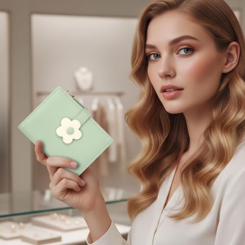 Image of Small Womens Wallet, Cute Bifold RFID Blocking Vegan Wallet for Teen Girls Ladies with Zipper Coin Pocket (Green,Flower)