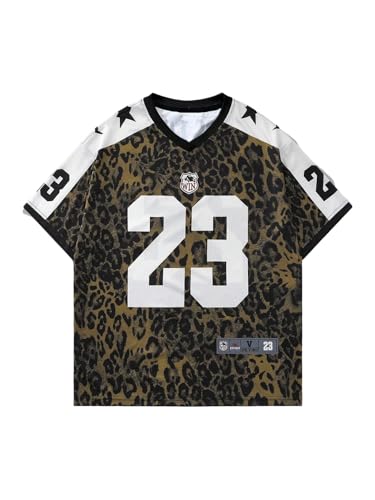 GORGLITTER Men's Leopard Number Graphic Jersey Shirts Colorblock V Neck Short Sleeve Y2k Sports Tee Tops Brown Large