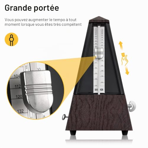 Donner Métronome Mécanique pour Piano Guitare Basse Ukulélé Violon Batterie Tambour Saxophone Trompette et Autres Instruments de Musique, Piste Tempo et Beat, Son Fort, DPM-1, Marron – vue 3