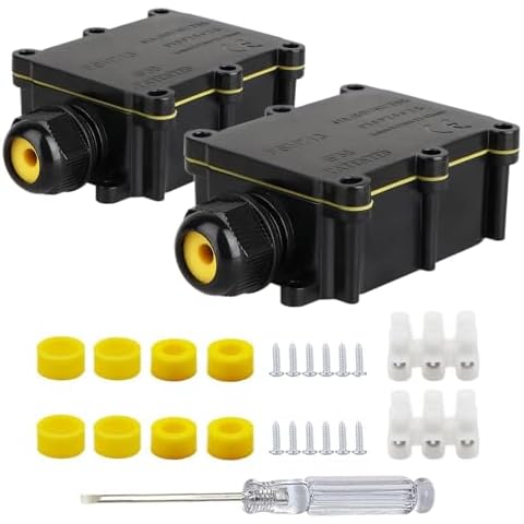 Helunsi 2 Pieces Waterproof IP68 External Junction Box, 2 Way Outdoor Junction Box, Underground Plug Line Coaxial Cable Connector Wire Range 5 to 15mm Electrical Power Cord Weatherproof Boxes - Black Cover