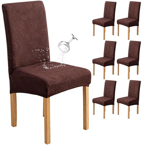 Image of Genina Waterproof Dining Chair Cover Set of 6,Kitchen Chair Cover,Chocolate | Stretch Dining Room Chair Slipcovers with Leaf Jacquard,Removable Kitchen Chair Protector for Home,Restaurant,Banquet
