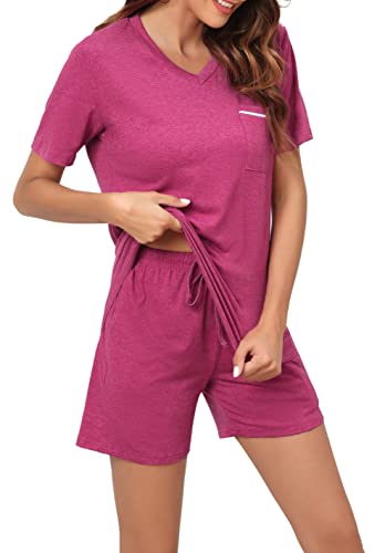 Difficort Womens Pajama Sets Short Sleeve Casual Soft Lounge Sleepwear With Pockets,Violet,Large #TOP18