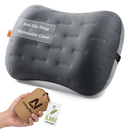 Inflatable Camping Pillow - Ultralight Compact Air Pillow for Travel Backpacking & Hiking - Ergonomic Neck & Lumbar Support - Portable Inflatable Pillow with Removable Washable Cover - (Grey)