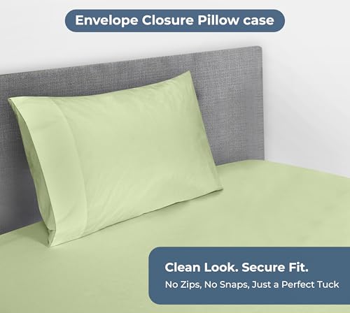 Image of Royale Linens Fitted Sheet With Pillowcase - Twin XL Fitted Sheets With 1 Pillowcase - 300 Thread Count 100% Organic Cotton - Fit Mattress Up to 18 inch Deep -Soft & Breathable -Sage Green (No Flat Sheet)