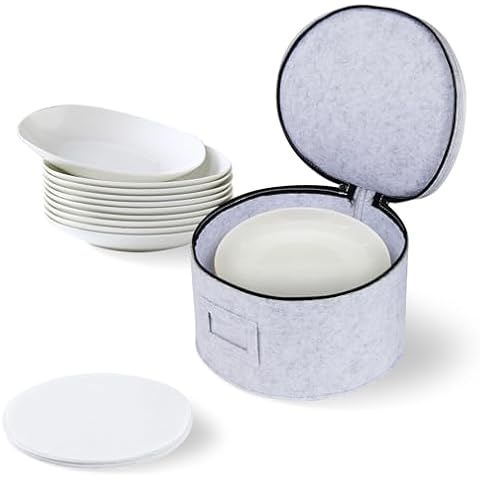 LITLANDSTAR China Storage Case for Dinner Plate, 12" W x 7" H Thick Felt Plate Quilted Case Stackable China Storage Containers with 12 Felt Dividers for Dinnerware Storage and Transport Cover