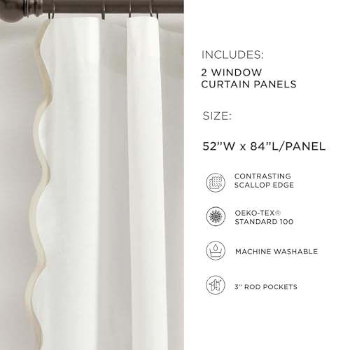 Image of Lush Decor Coastal Chic Scalloped Edge Light Filtering Window Curtain Panels Pair, 52 inch W x 84 inch L, Neutral & White - White Curtains for Living Room - Coastal Decor (Pack of 8)