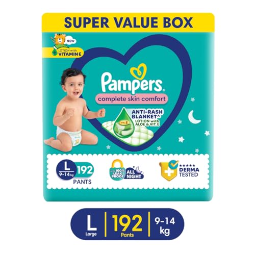Image of Pampers Complete Skin Comfort Pants,(LG) 168 Count, Anti-rash blanket, Lotion with Vitamin E & Aloe Vera, Large size baby diapers, 9-14 kg