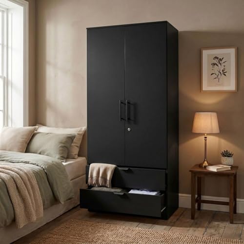 Image of FFO Keris 2 Door Wardrobe with 2 Drawers, Hanging Rod & Storage Shelves | Modern Clothes Almirah Cabinet with Lock & Black Handles for Home Black DIY.