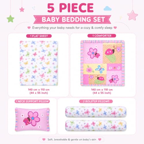 Image of Petals Dreams Baby 5 pcs. Bedding Set | Riversible Comforter Blanket & Bedsheet Set for (0-5 Years) | Baby Crib Bedding Set (Flora Pink)