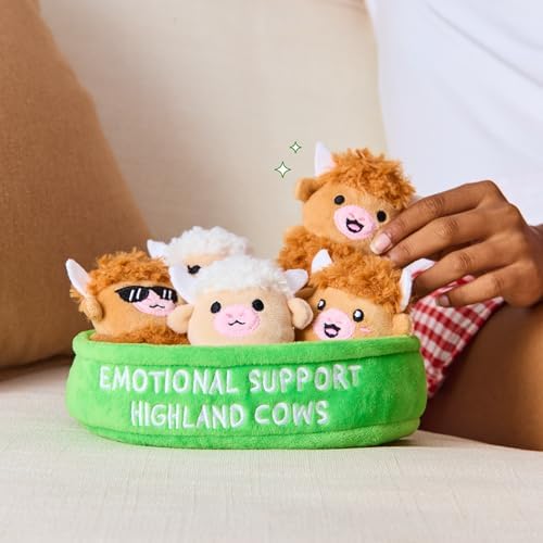 Emotional Support Highland Cows by Relatable, Cuddly Stuffed Animals, Plushies, and Cute Stuff, Great Back to School Gifts and Desk Accessories for All Ages, Includes 5 Toys with Carrying Basket - 3