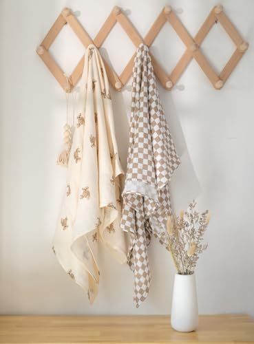 Image of Little Jump Muslin Swaddle Blanket Baby - 40 inch x 47 inch Large Cotton Swaddling Blanket Soft Neutral 3 Pack (Coffee Checkered & Khaki & Teddy Bear)