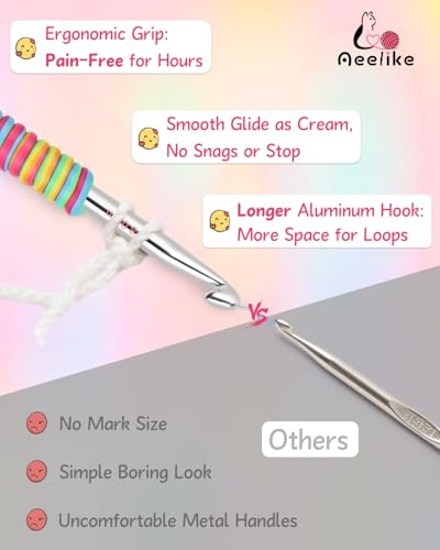 Image of 5 Sizes Crochet Hooks for Beginners 3.5mm(E)-6.0mm(J), Gradient Rainbow Ergonomic Grip for Arthritic, Extra Long Aluminum Crochet Needles, Ideal Crocheting Set Gift