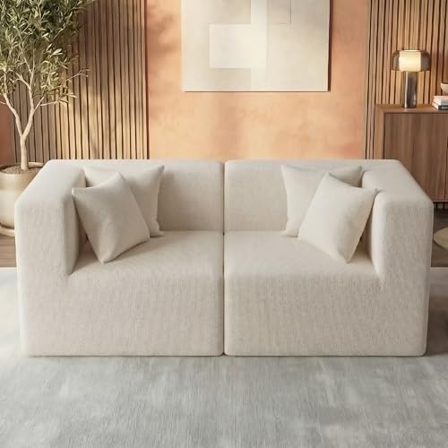 Image of MONVANE 75 inch Loveseat Sofa, Comfy Chenille Modular Sectional Sofa with 4 Pillows, Modern Deep Seat Boneless Couch, 2 Seater Sofa for Living Room, Bedroom and Apartment, Beige