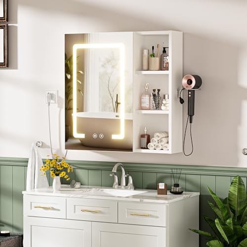 Ztexkee Armoire Salle de Bain avec Miroir Éclairage LED Murale Armoire Miroir avec Fonction Antibuée Meuble de Toilette avec 3 Étagère Réglable, Support...