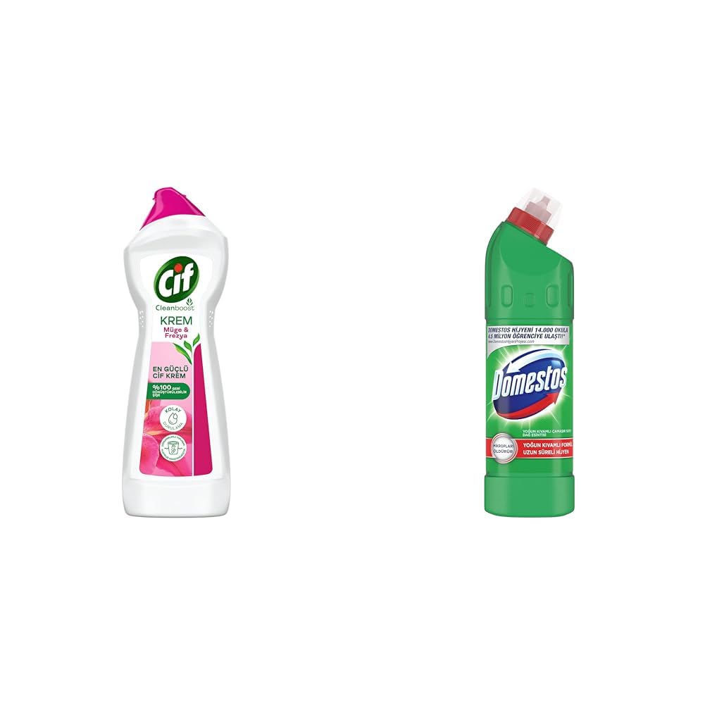 Cif Krem Yüzey Temizleyici Müge ve Frezya Yağ ve Kireç Sökücü Leke Çıkarıcı 750 ML(1) Domestos Yoğun Kıvamlı Çamaşır Suyu Maksimum Hijyen Dağ Esintisi, 750 ml(5)