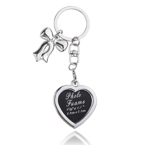 Photo Frame Keychain for Girls Women Bow Key Chain Accessaries for Purse Handbag Charm Silver Heart Pendant Keychain for Wallet Backpack Picture Frame Keychain Gifts for Girls Women