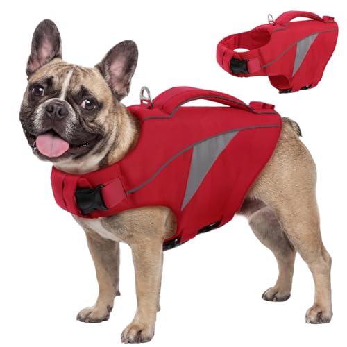 Queenmore Dog Life Jacket, Dogs Life Vest for Swimming, Dog lifejacket for Medium Dogs, Floating Doggy Jackets for Boating Kayaking, Adjustable Preserver with High Buoyancy and Rescue Handle(Red,M)