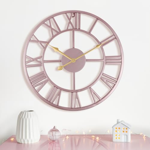 Lafocuse 40cm Reloj de Pared Grande, Oro Rosa Único Silencioso Metal Números Romanos con 2 Pares de Agujas, Moderno Elegante Reloj Vintage Decorativo para Salon Cocina Dormitorio Comedor