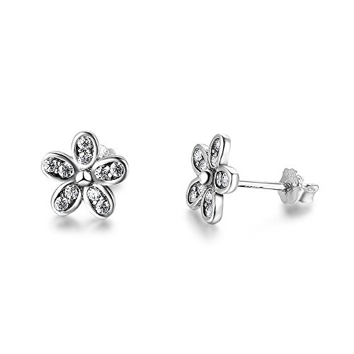 Kalapure Women's Sterling Silver Oxidized Cubic Zirconia Daisy Sky Flower Stud Earrings Bridal 9mm
