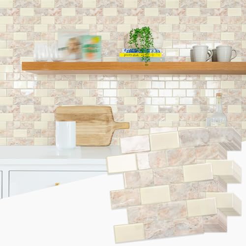 STICKGOO 10-Sheet Subway Tiles Peel and Stick Backsplash, Brown Marble Look Stick on Tiles Kitchen Backsplash (Thicker Design) 10 Brown