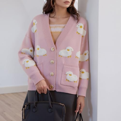 Image of FindThy Women's Kawaii Knitted Cardigan Long Sleeve Button Up Sheep Print Cute Sweater Cardigans