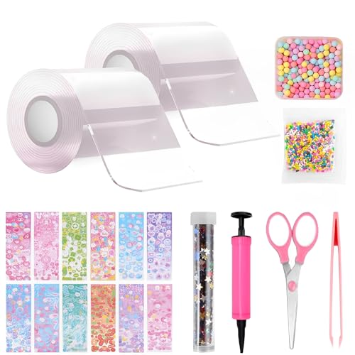 TFSZE 20 Stücke Nano Tape Bubbles Set 2 Tape(5cmx1m)+18 Stiftung Materialpakete Super Elastische Nano Klebebänder für Stressabbau und Spaß Elastische Blase Ballons(Transparente×2)