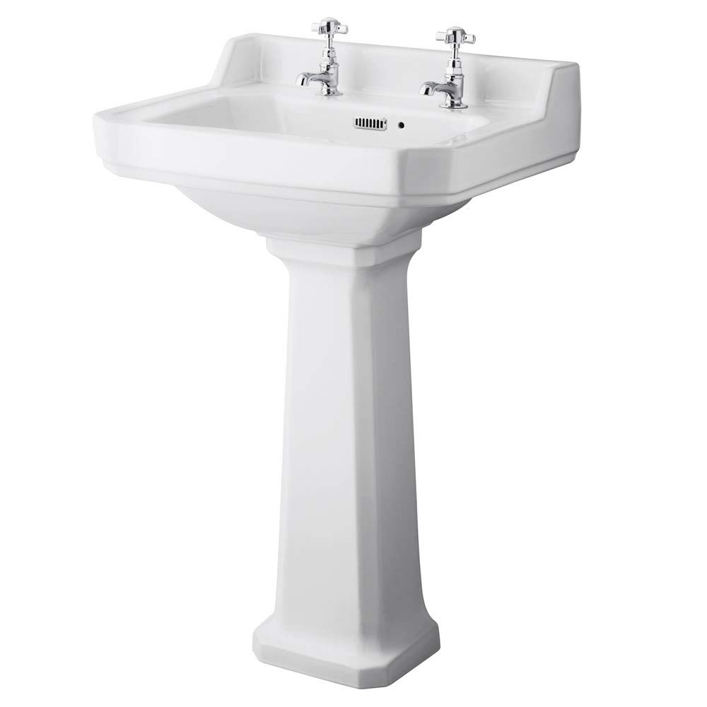 Hudson Reed White With Pedestal Old London Milano Richmond - Traditional White Ceramic Bathroom Basin Sink With Full Pedestal And Two Tap Holes - 560Mm X 450Mm