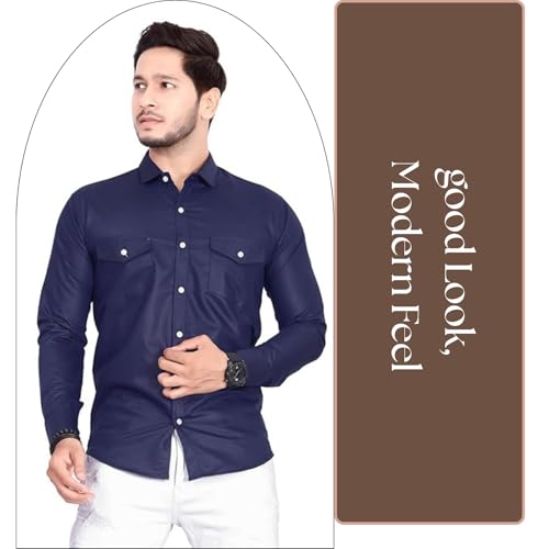 Image of Men's Cotton Spread Collar Full Sleeve Regular Fit Solid Casual Shirt with Double Pockets - Stylish Comfortable Shirt for Everyday Wear