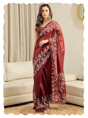 Image of AKHILAM Women's Cotton Printed Ready To Wear Saree With Unstitched Blouse Piece