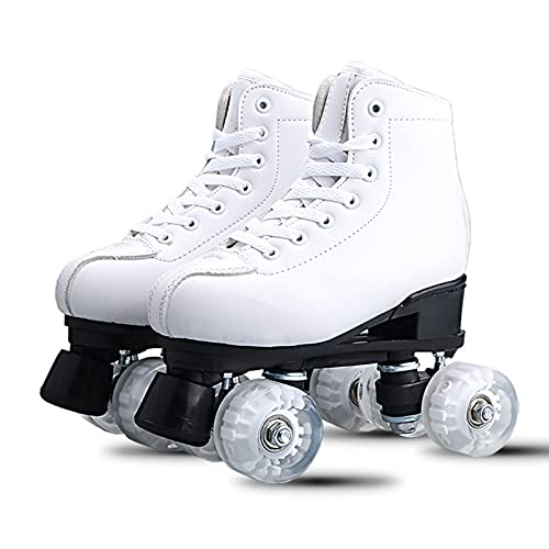 Patines Artísticos Blancos Unisex, Patines 4 Ruedas Cuádruples de Doble Hilera Patines de Ruedas de Cuero PU de Caña Alta Cover