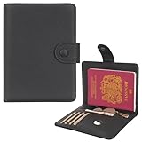 WASON Funda Pasaporte en Piel Auténtica con RFID, Cartera de Viaje, Ranuras para Tarjetas, Bolsillo para Efectivo, Monedero, Ranura Rastreador, Organizador Billetes Avión para Hombre y Mujer(Negro)