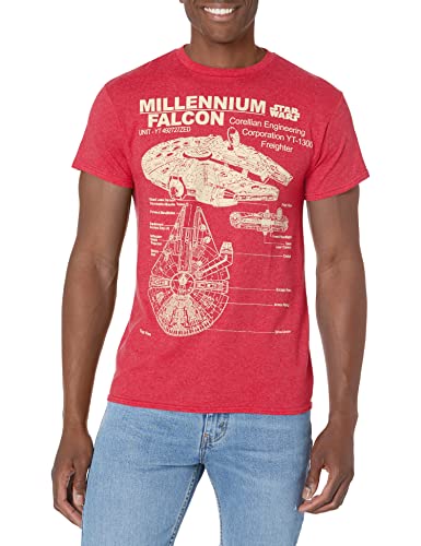 STAR WARS Men's Millennium Falcon Detailed Drawing T-Shirt, Red Heather, Small