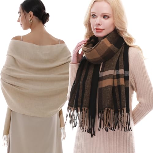 RIIQIICHY 2 in 1 Pashmina Shawl and Plaid Scarf Set for Women Elegant Soft Warm Wrap and Winter Scarf Gift for Daily Wear