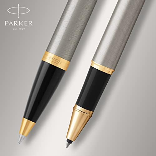 Parker IM Duo Gift Set with Ballpoint Pen & Rollerball Pen, Brushed Metal with Gold Trim, Black Ink Refill & Cartridge, Gift Box