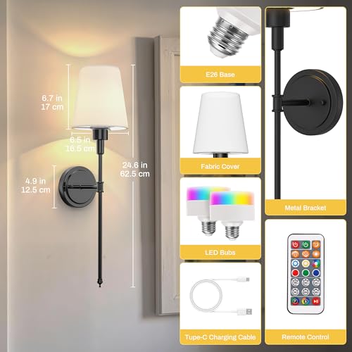 Image of L LOHAS LED Black Battery Operated Wall Sconce Set of 2, 24 Inch 15 Color Rechargeable Wireless Wall Sconces Easy to Install for Living Room