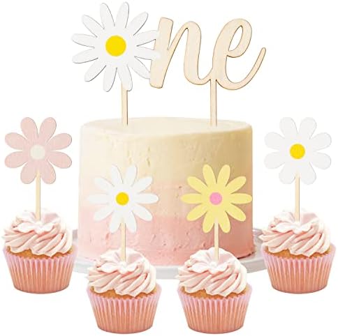 BkeeCten 5PCS Daisy Wood ONE Cake Toppers Painted Colorful Boho Groovy Daisy Flower Dessert Cupcake Topper Decors for Kids Girl One Year Old First Birthday Baby Shower Hippie Party Favors Supplies