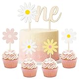 BkeeCten 5PCS Daisy Wood ONE Cake Toppers Painted Colorful Boho Groovy Daisy Flower Dessert Cupcake