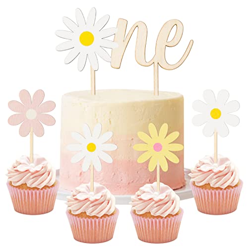 Bkeecten 5Pcs Daisy Wood One Cake Toppers Painted Colorful Boho Groovy Daisy Flower Dessert Cupcake Topper Decors For Kids Girl One Year Old First Birthday Baby Shower Hippie Party Favors Supplies #TOP26