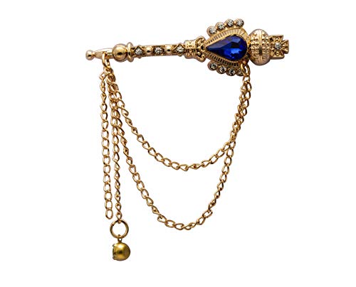 A N KINGPiiN Lapel Pin for Men Gold with Blue Stone and Hanging Chain Formal Key Brooch Suit Stud, Shirt Studs Men's Accessories