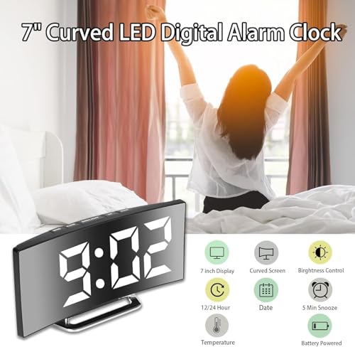 Image of Digital Alarm Clock with 7'' Curved LED Mirror Screen, USB & Battery Powered, Dual Brightness Levels, Snooze Function - Modern Alarm Clock for Bedroom, Kitchen, Office (Curved-Mirror Alarm Clock)