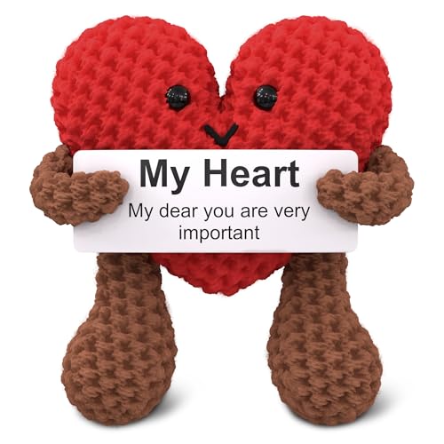 Heart Plush Valentines Day Gift for Her, Him - Crochet Plushies Stuffed Hearts Gift with Motivational Card | Crochet Heart Soft Knitted Encouragement...