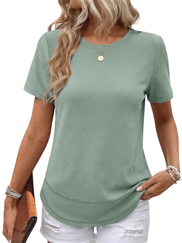 Image of ANRABESS Womens Waffle Knit Tops Short Sleeve Crewneck Shirts Curved Hem Summer Dressy Casual Blouses Spring Fashion Clothing