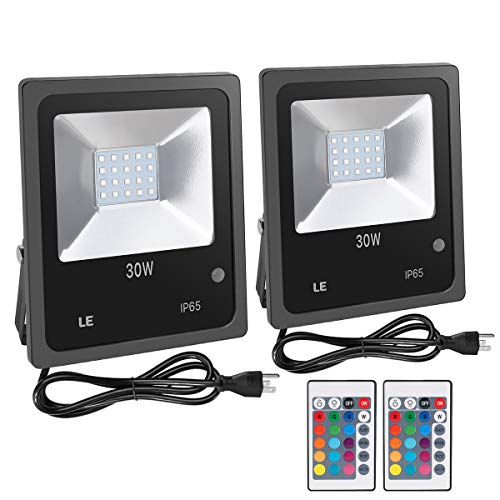 LE Outdoor Led Flood Lights, IP65 Waterproof, 30W RGB, 16 Color Changing, 4 Lighting Modes, Plug in Security Floodlights with Remote Control, for Home, Backyard, Patio, Garage, Tree, Pack of 2
