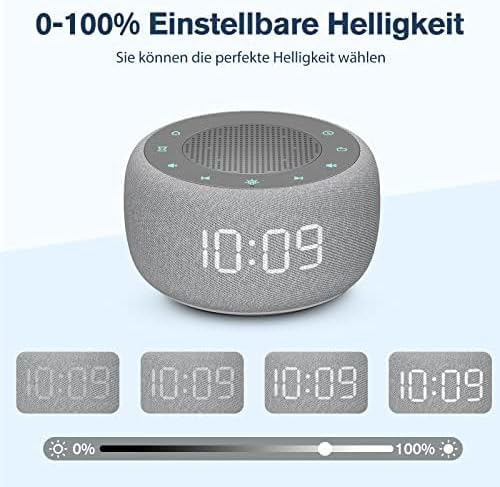 Buffbee RS11 alarm clock displaying time with a slider showing 0-100% adjustable brightness levels.