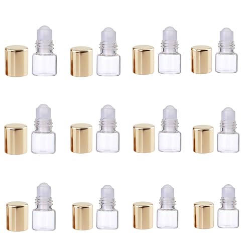12 Pcs Gold 1ml Mini Glass Roll on Bottles Roller Refillable Essential Oil Aromatherapy Sample Vials Roller Bottles Container