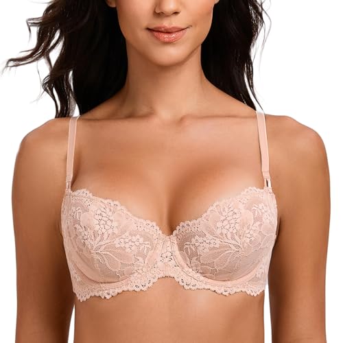 Image of MELENECA Women's Balconette Floral Lace Unlined Lift Underwire Bra | Sheer unlined feel, sexy lift shape,Convrtible Straps, Push up effect, supportive wire fit, ideal for low-cut and daily wear