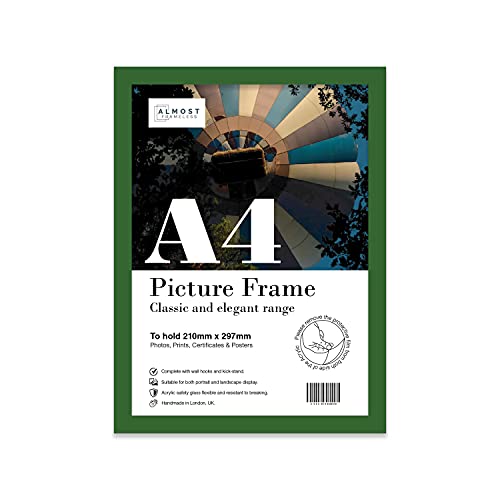 A4 Green Picture Frame, Fits A4 (21 x 29.7cm - 8.3 x 11.7in) Poster, Photo, or Print. Portrait and Horizontal Wall Hooks/Kickstand Wall Art Display